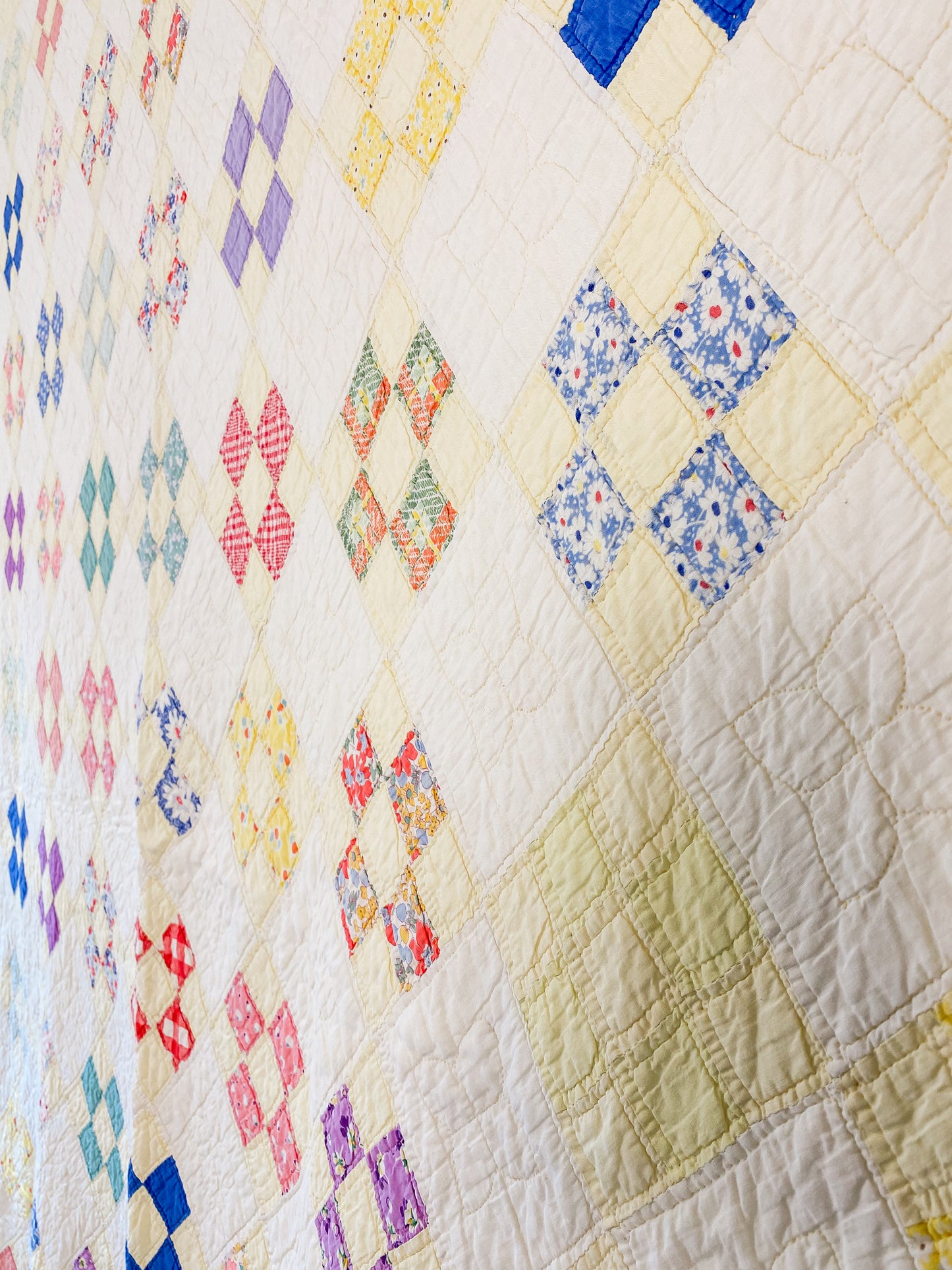 Vintage Yellow Nine Patch on Point Quilt, c1940