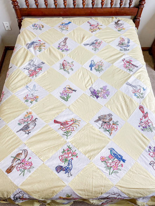Vintage 48 State Bird & Flower Quilt TOP with Backing Fabric