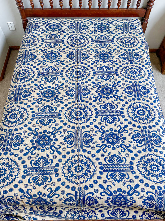 Antique Woven Blue and White Coverlet