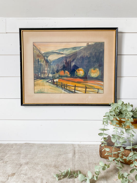 Vintage Framed Abstract Mountain Landscape Watercolor