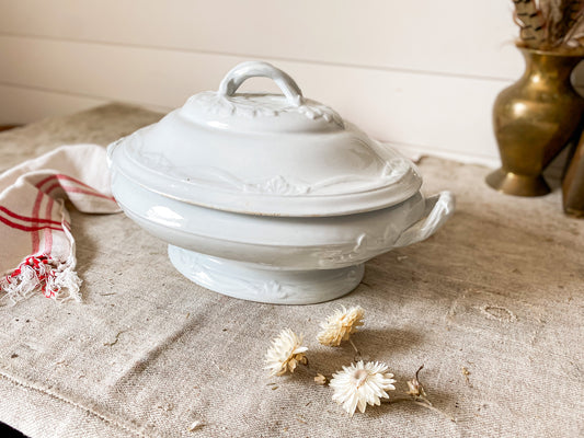 Antique Ironstone Large Covered Vegetable Server | Leaf & Crossed Ribbon by Livesley & Powell, c1860