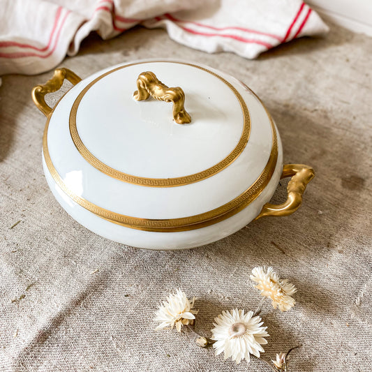 Vintage White French Porcelain Round Serving Dish with Gold Trim | D & C France