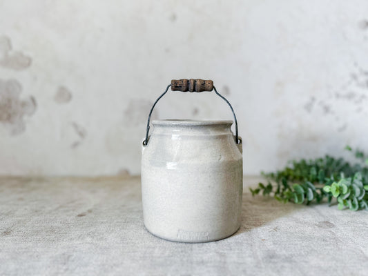 Antique Cream Color Salt Glaze Stoneware Crock with Handle