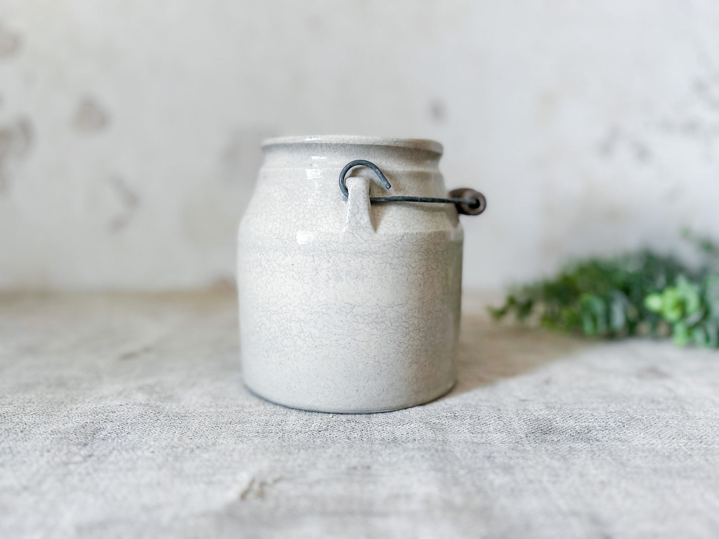 Antique Cream Color Salt Glaze Stoneware Crock with Handle