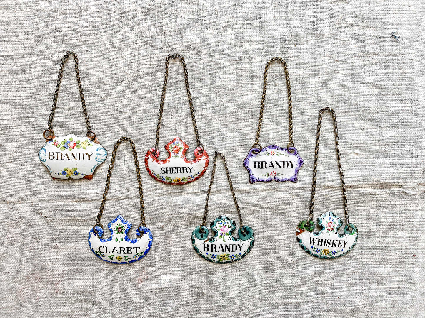 CHOICE Enameled Copper Decanter Tags, c1920