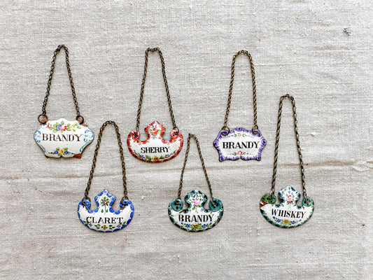 CHOICE Enameled Copper Decanter Tags, c1920