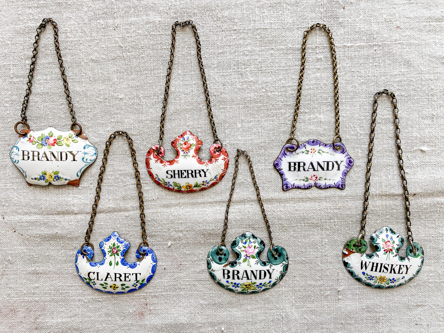 CHOICE Enameled Copper Decanter Tags, c1920