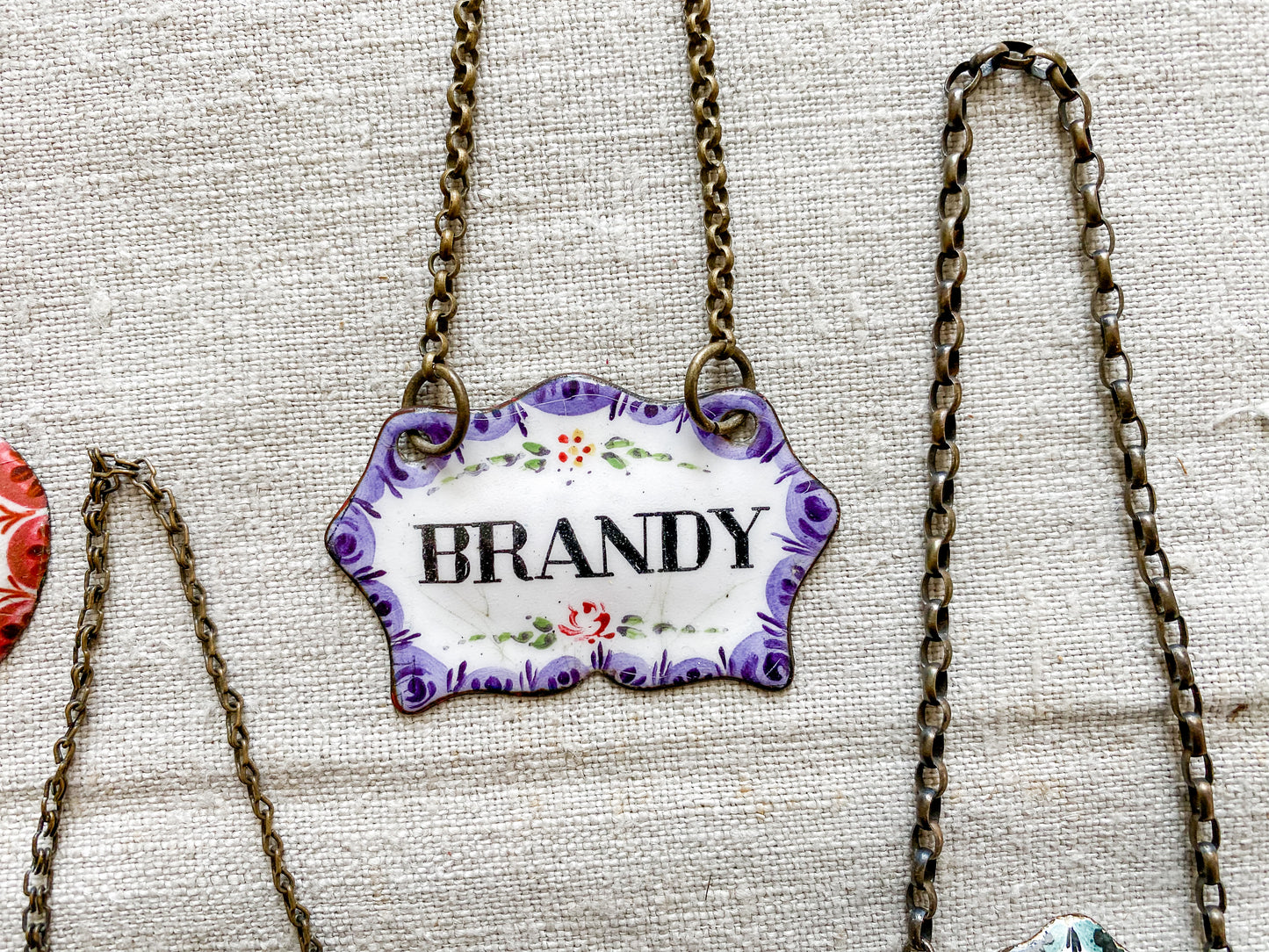 CHOICE Enameled Copper Decanter Tags, c1920