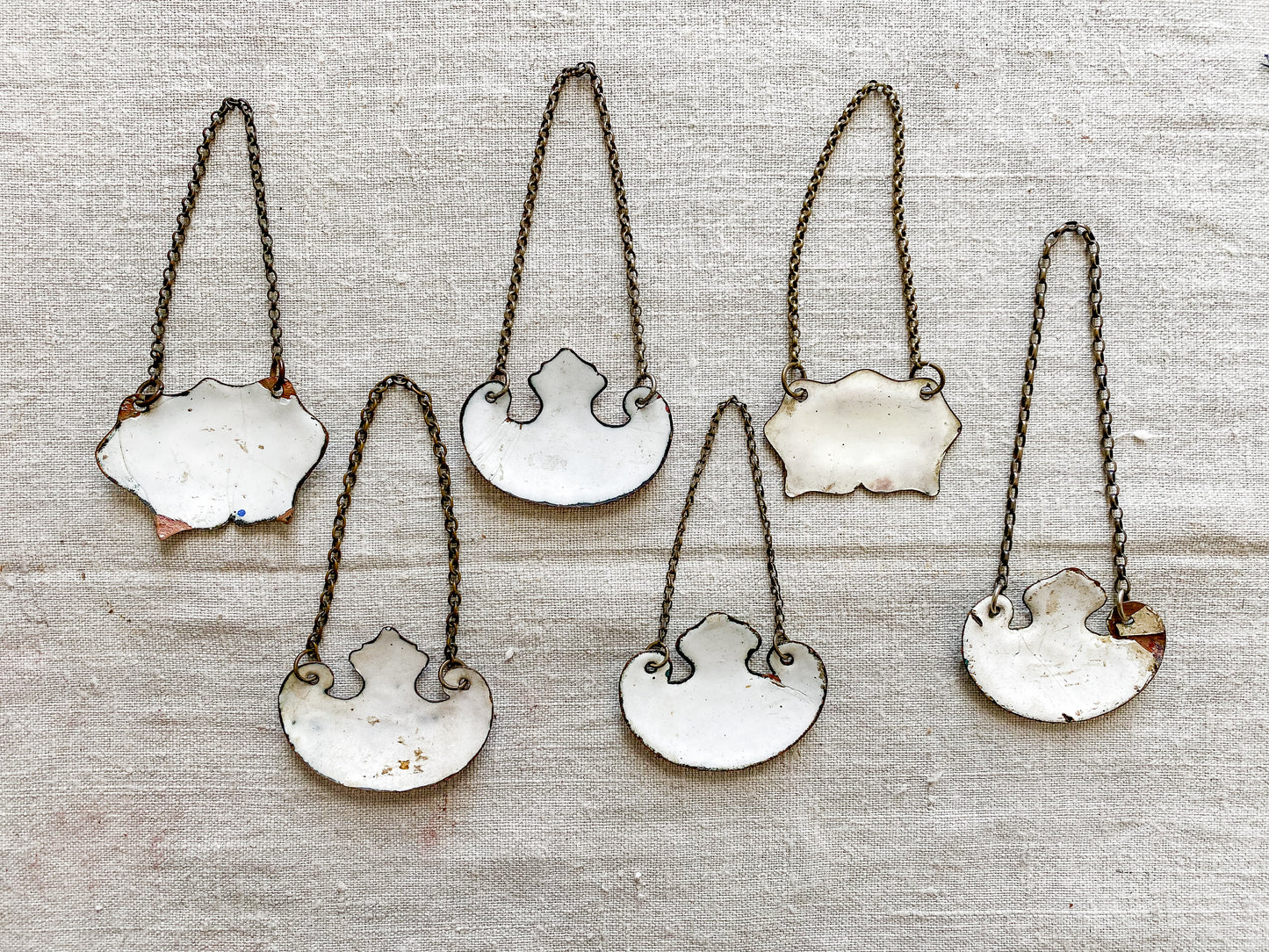 CHOICE Enameled Copper Decanter Tags, c1920