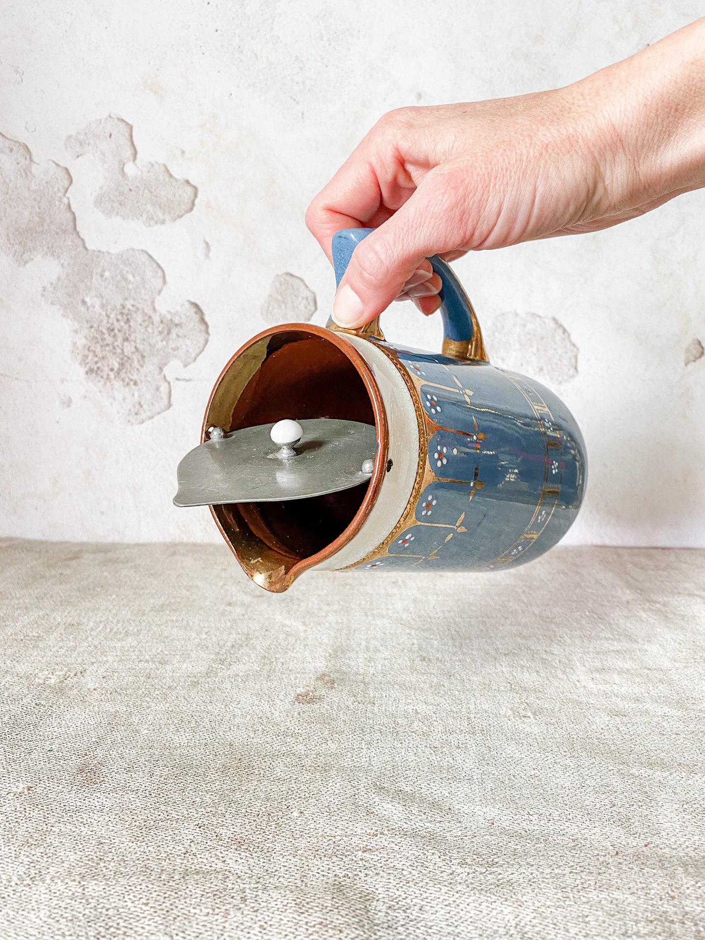 English Blue and Copper Luster Jug With Pewter Gravity Tip Lid