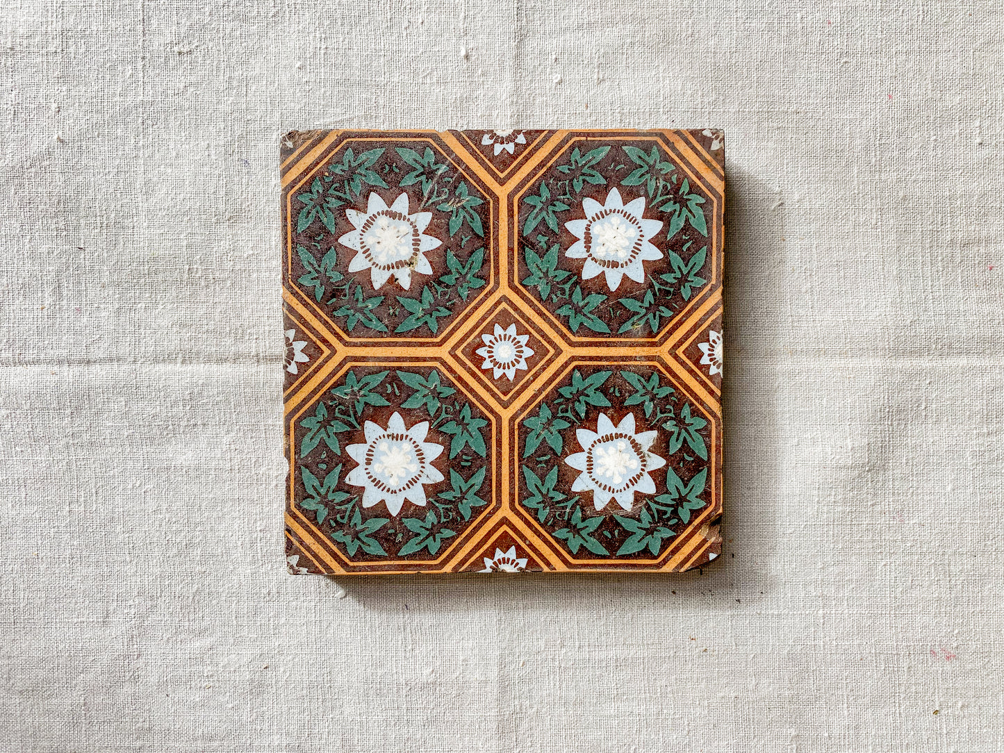 19th Century English Green and Orange Decorative 6" Tile