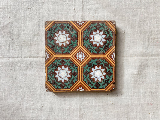 19th Century English Green and Orange Decorative 6" Tile