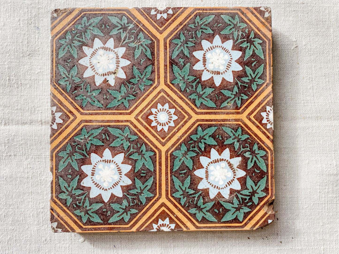 19th Century English Green and Orange Decorative 6" Tile
