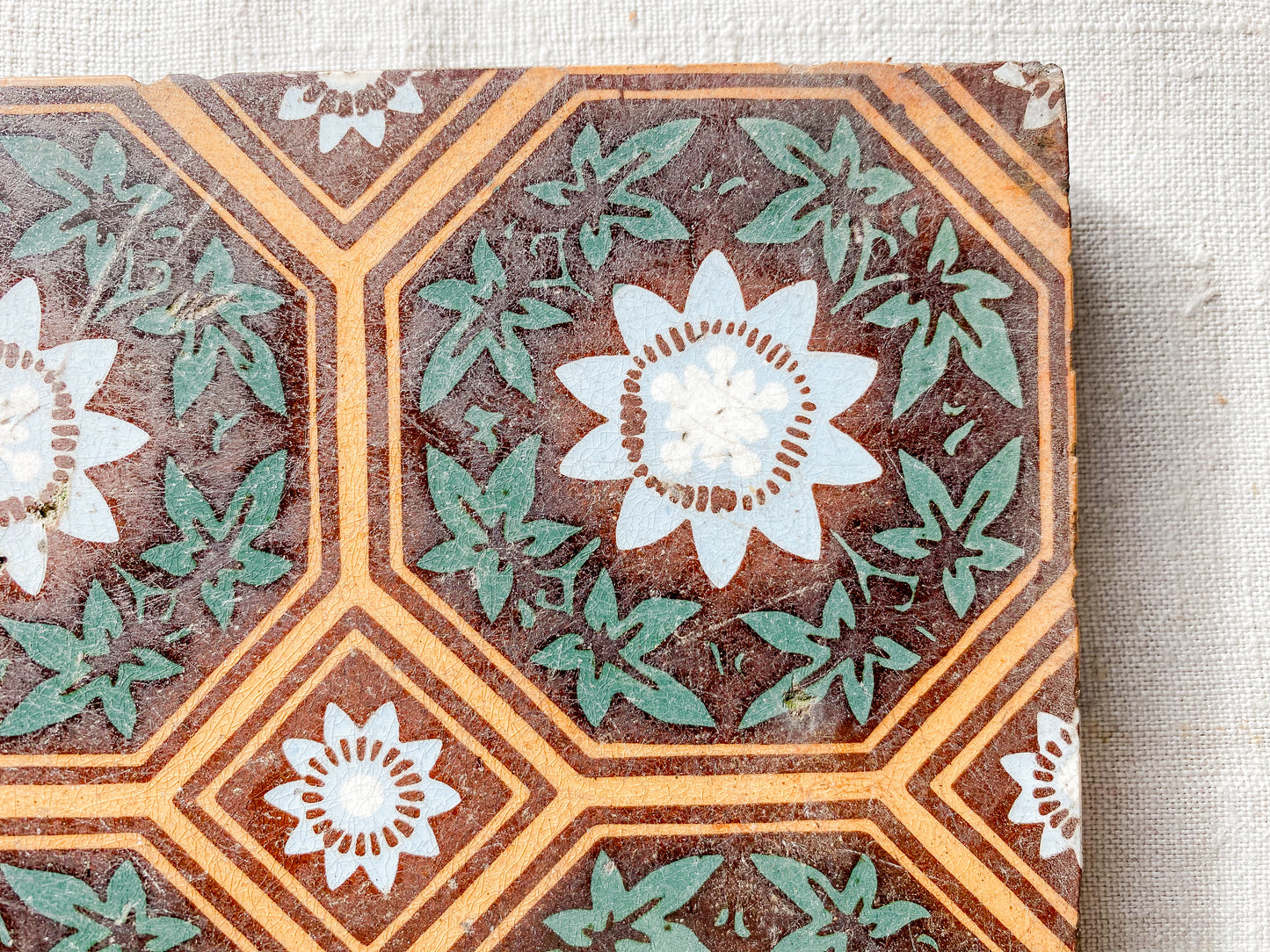 19th Century English Green and Orange Decorative 6" Tile