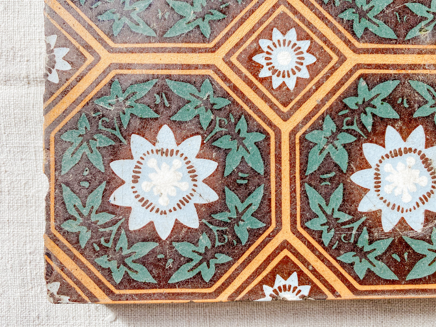 19th Century English Green and Orange Decorative 6" Tile