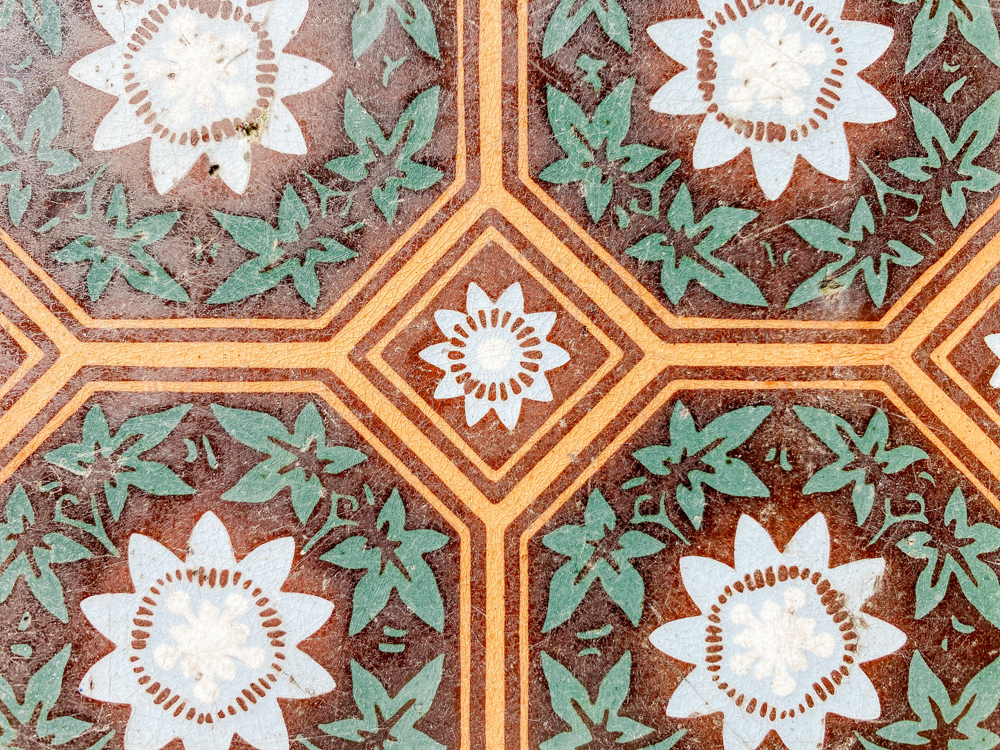 19th Century English Green and Orange Decorative 6" Tile