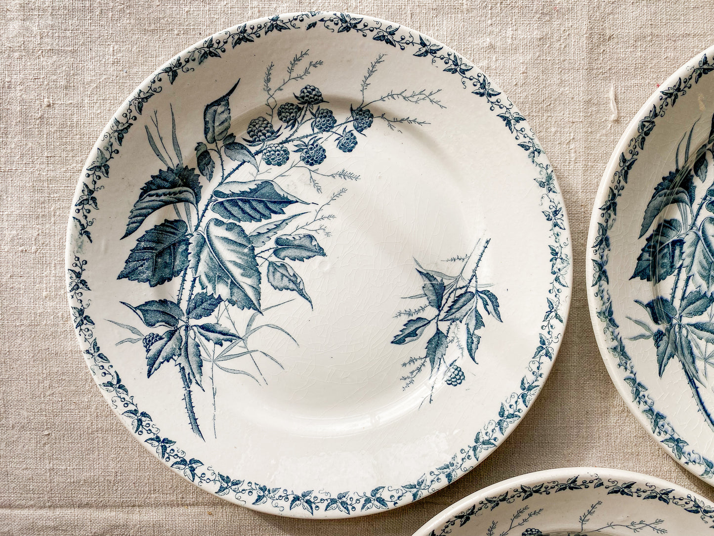 Set of 3 "Mûre" by Badonvillier French Ironstone Teal Transferware 8" Plates, c1930