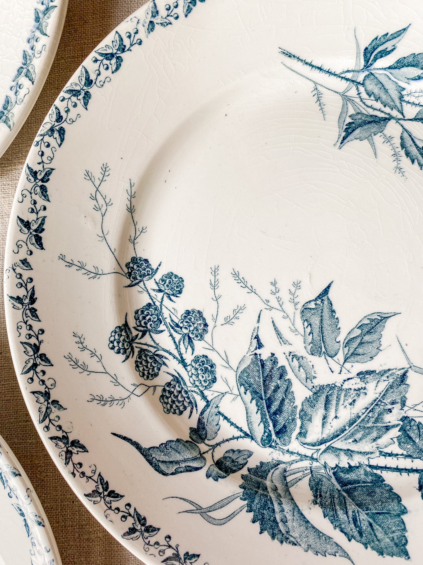 Set of 3 "Mûre" by Badonvillier French Ironstone Teal Transferware 8" Plates, c1930