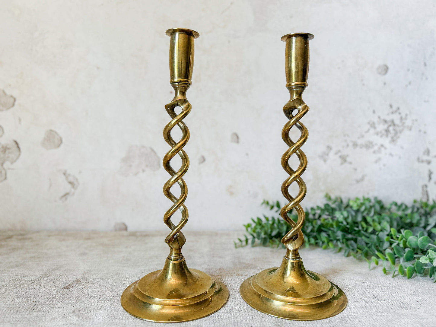 Set of Antique Open Barley Twist Brass 12" Candle Sticks
