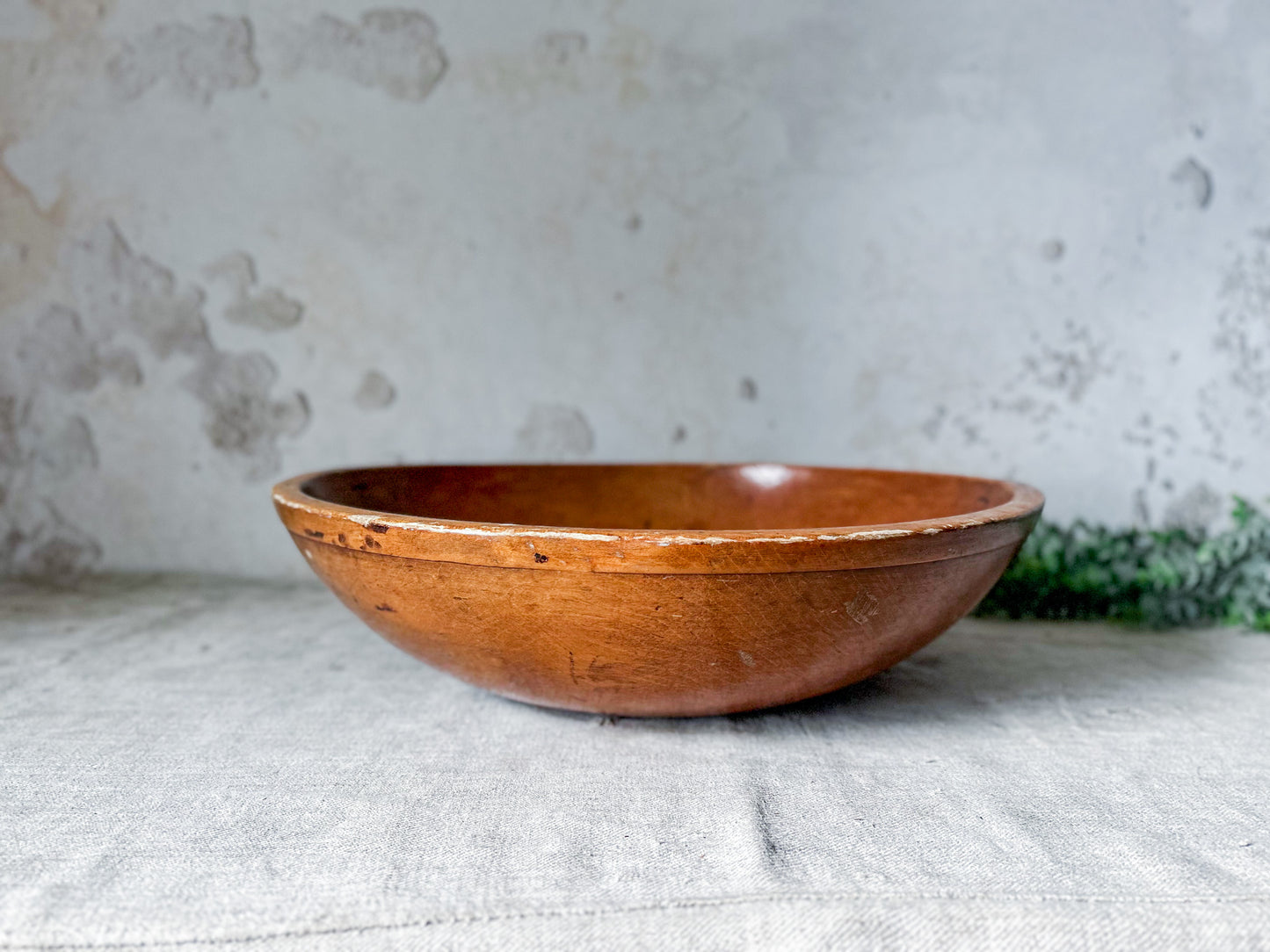 Antique 17" Wood Dough Bowl with Historic Staple Repair