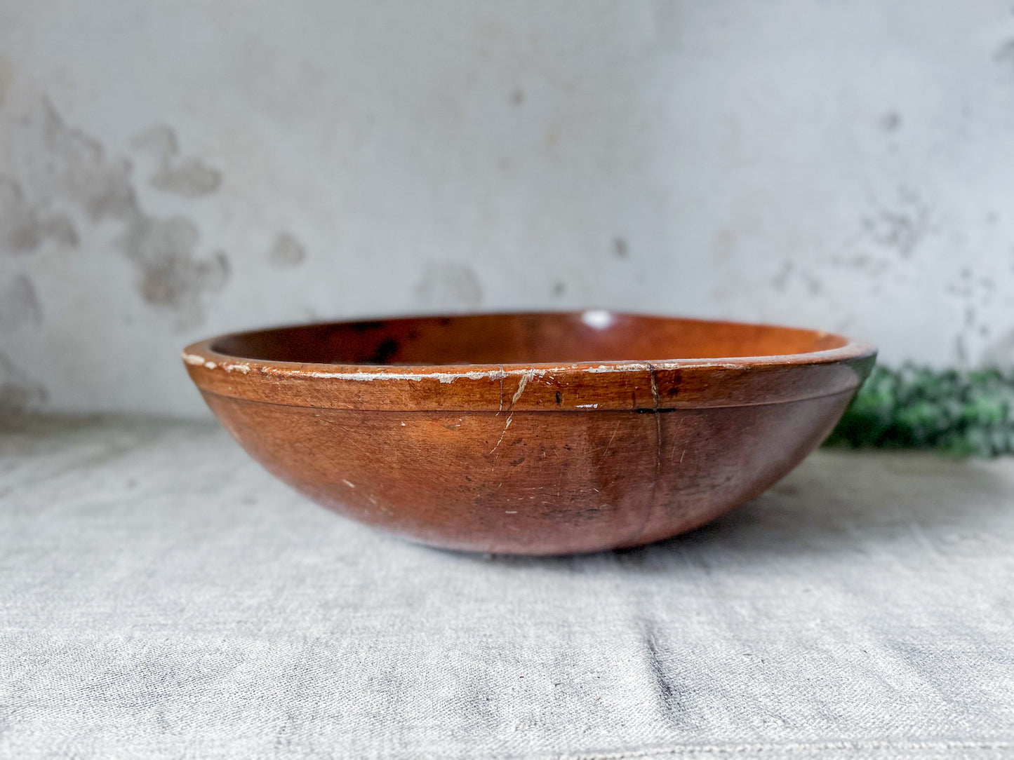 Antique 17" Wood Dough Bowl with Historic Staple Repair