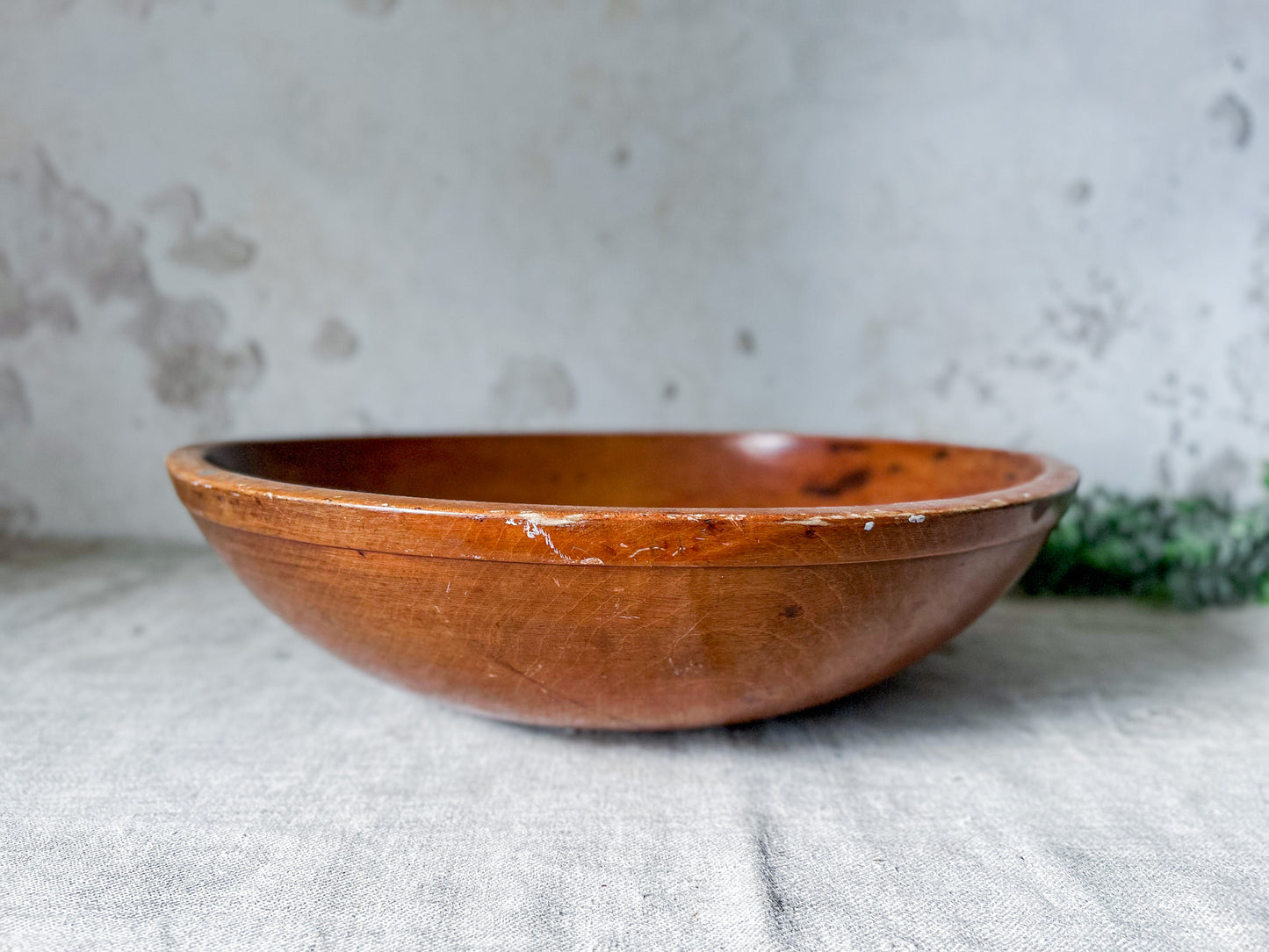 Antique 17" Wood Dough Bowl with Historic Staple Repair
