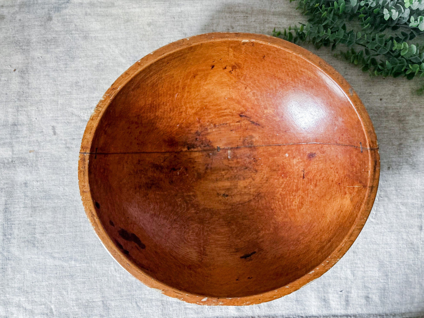Antique 17" Wood Dough Bowl with Historic Staple Repair