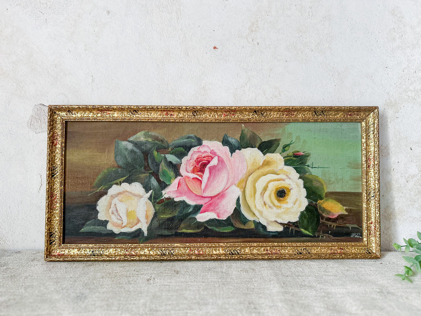 Vintaged Framed Signed Oil Painting of Roses