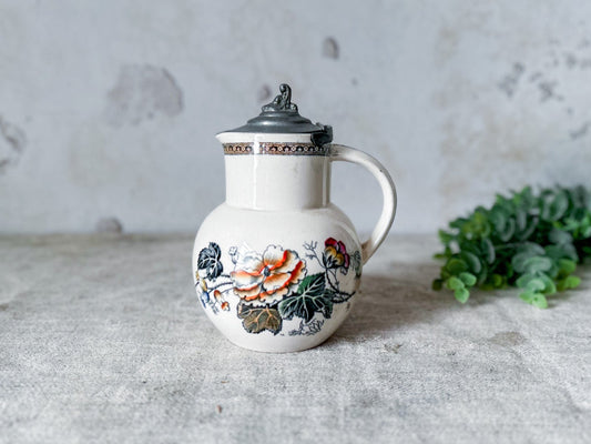 Antique Ironstone Polychrome Floral Syrup Jug with Pewter Lid