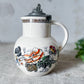 Antique Ironstone Polychrome Floral Syrup Jug with Pewter Lid