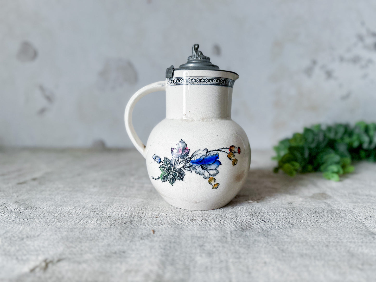 Antique Ironstone Polychrome Floral Syrup Jug with Pewter Lid