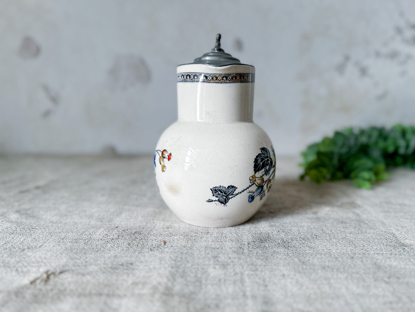 Antique Ironstone Polychrome Floral Syrup Jug with Pewter Lid