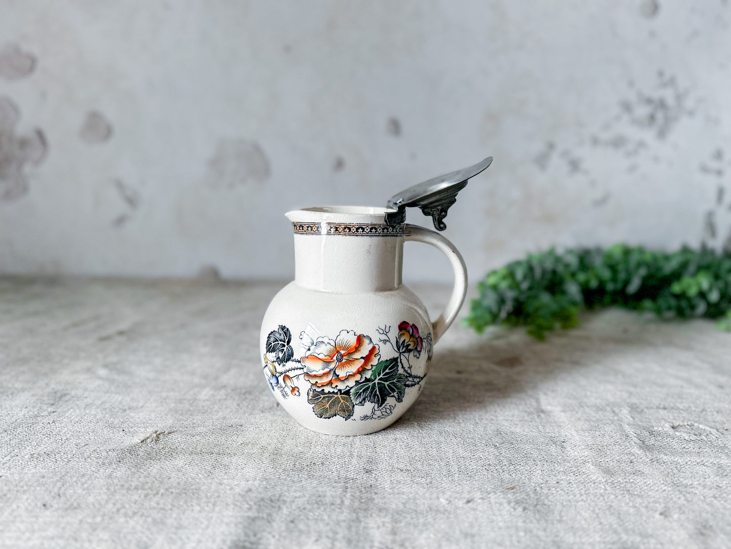 Antique Ironstone Polychrome Floral Syrup Jug with Pewter Lid
