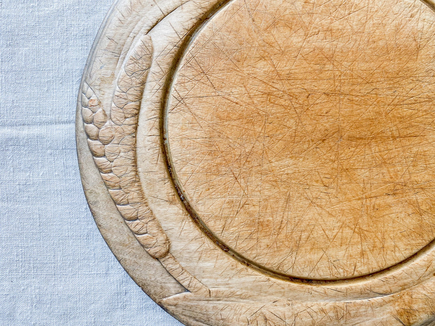 Antique Carved Round Wooden Breadboard