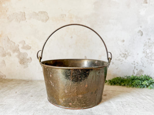Antique Large Brass Bucket with Wrought Iron Handle