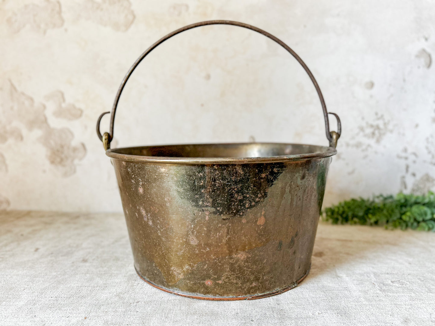 Antique Large Brass Bucket with Wrought Iron Handle