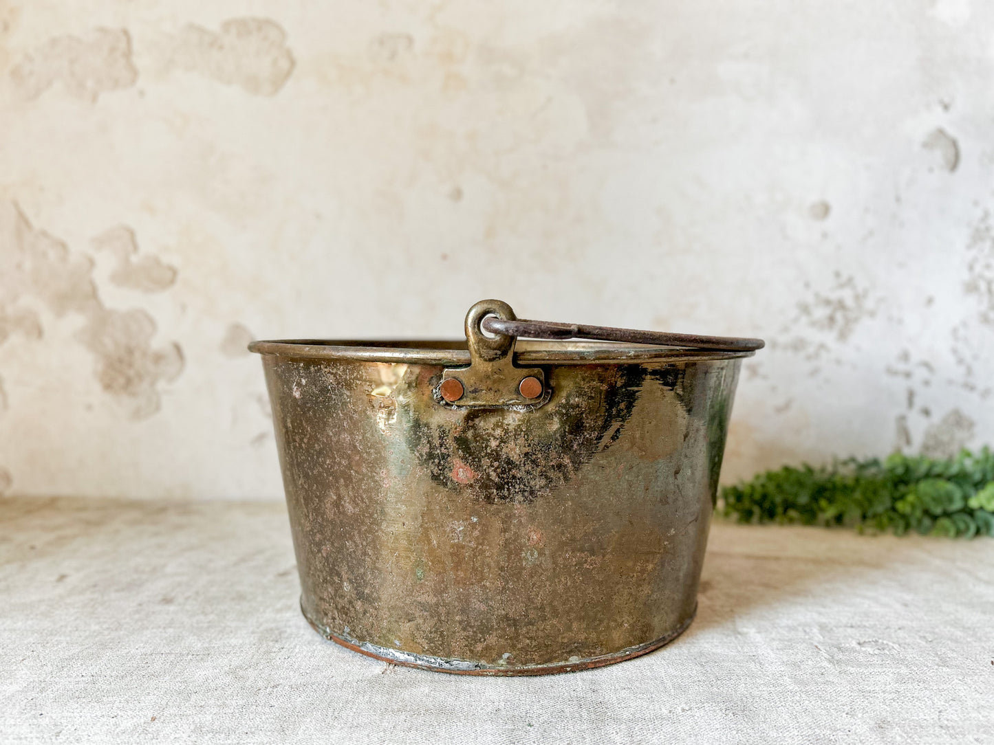 Antique Large Brass Bucket with Wrought Iron Handle