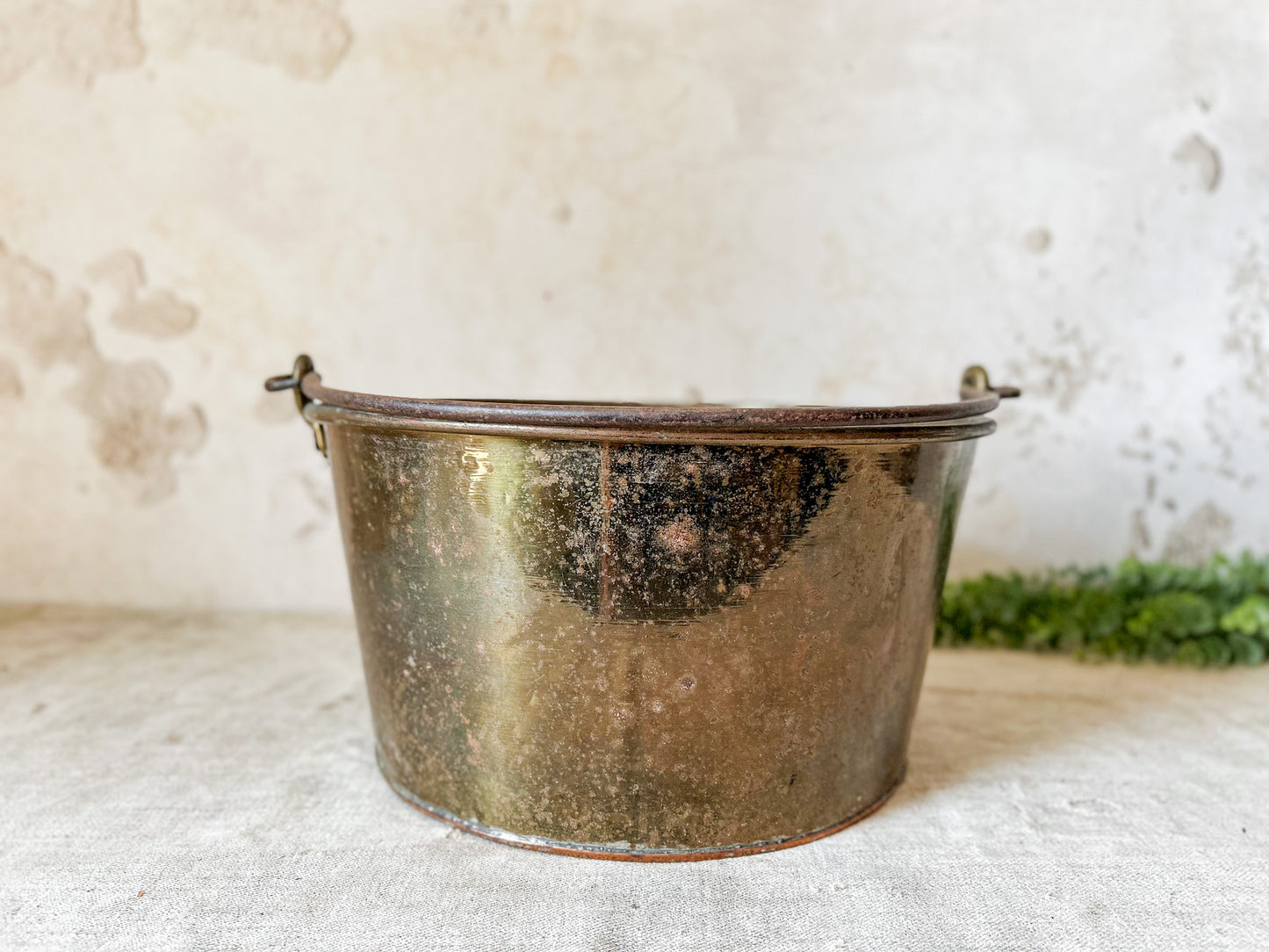 Antique Large Brass Bucket with Wrought Iron Handle