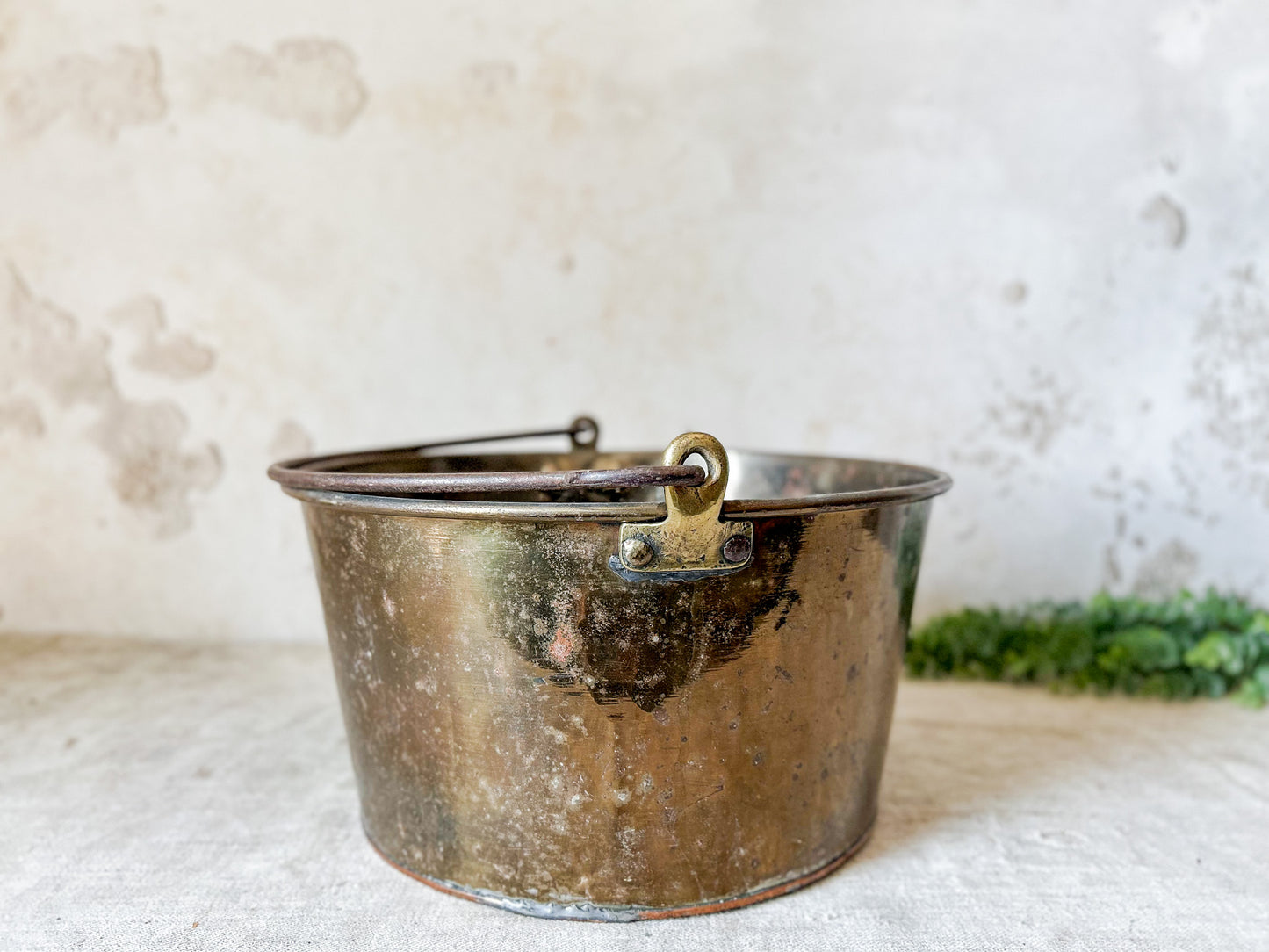 Antique Large Brass Bucket with Wrought Iron Handle