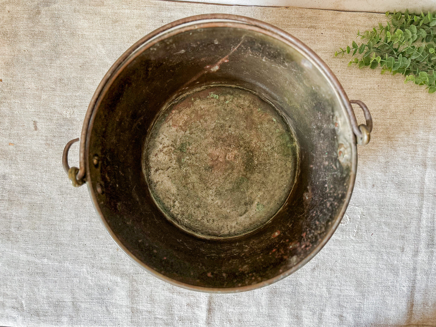 Antique Large Brass Bucket with Wrought Iron Handle