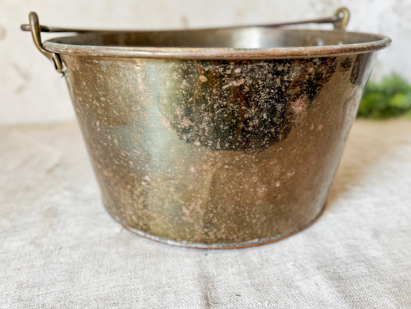 Antique Large Brass Bucket with Wrought Iron Handle