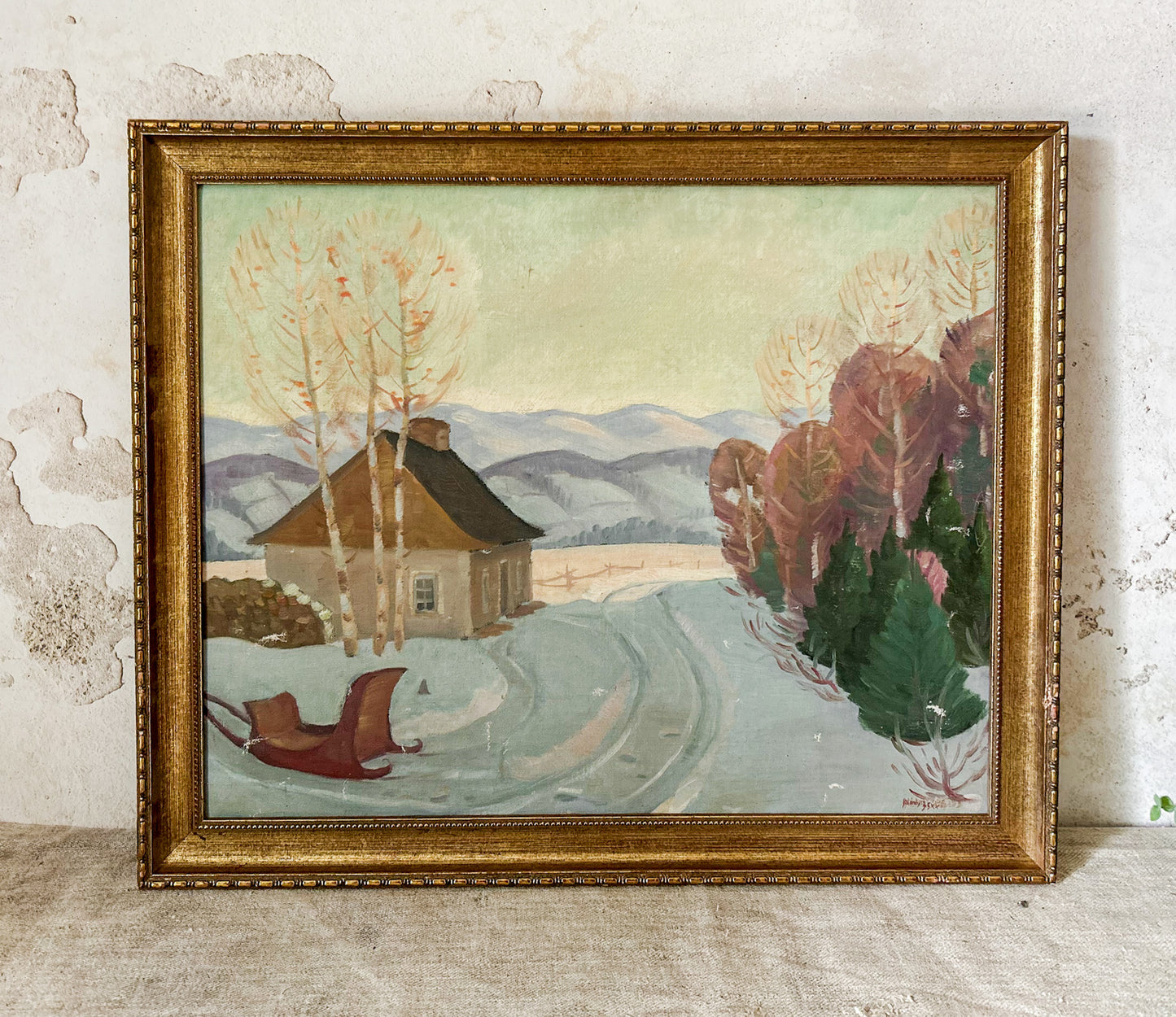 Vintage Signed Winter Landscape Oil Painting, c1935
