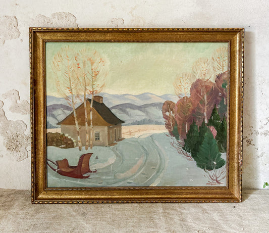 Vintage Signed Winter Landscape Oil Painting, c1935