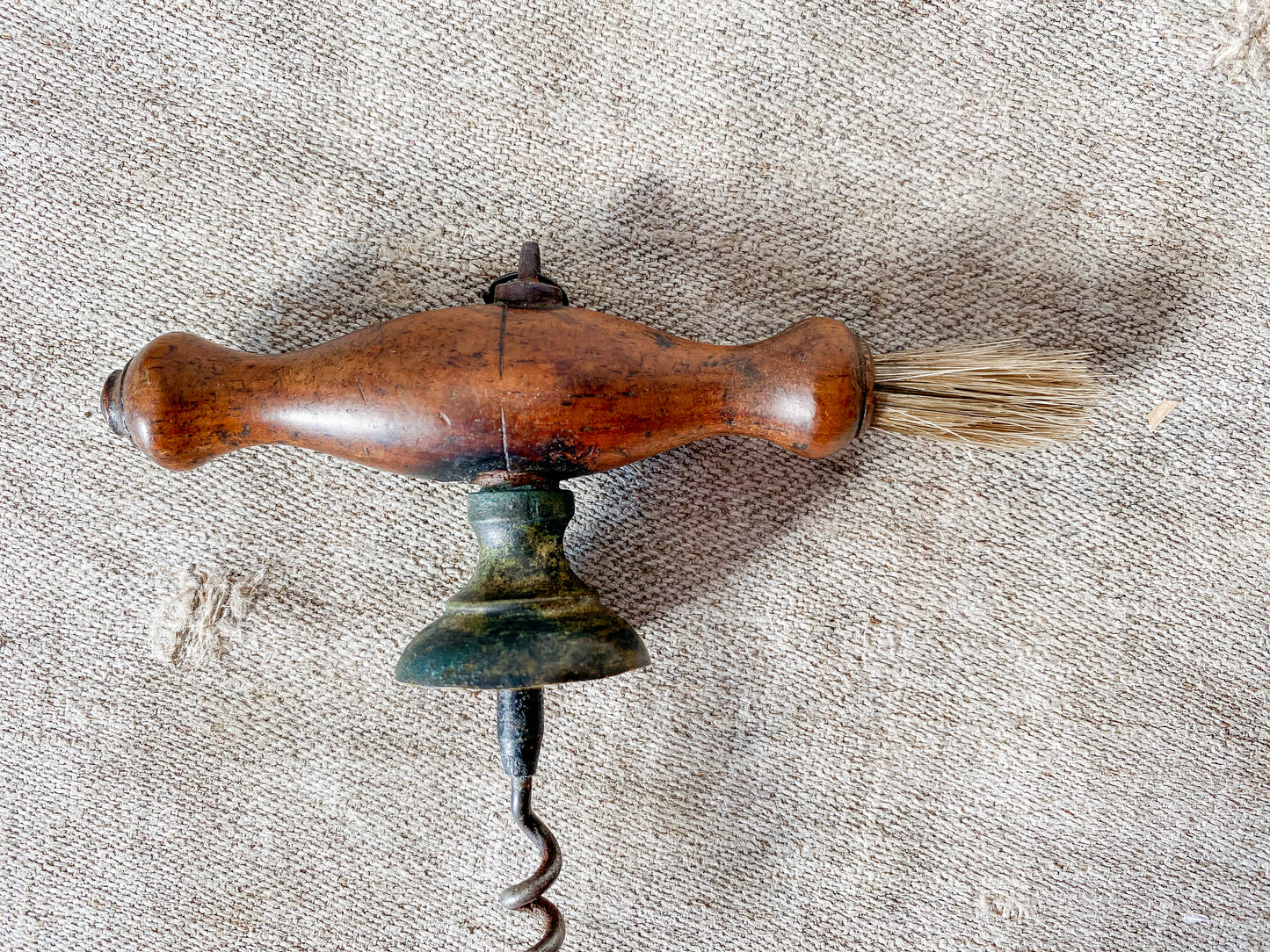 Antique turned oak and brass Victorian corkscrew with brush