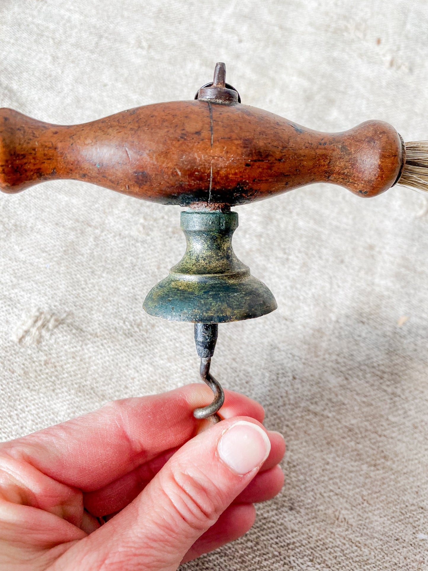 Antique turned oak and brass Victorian corkscrew with brush