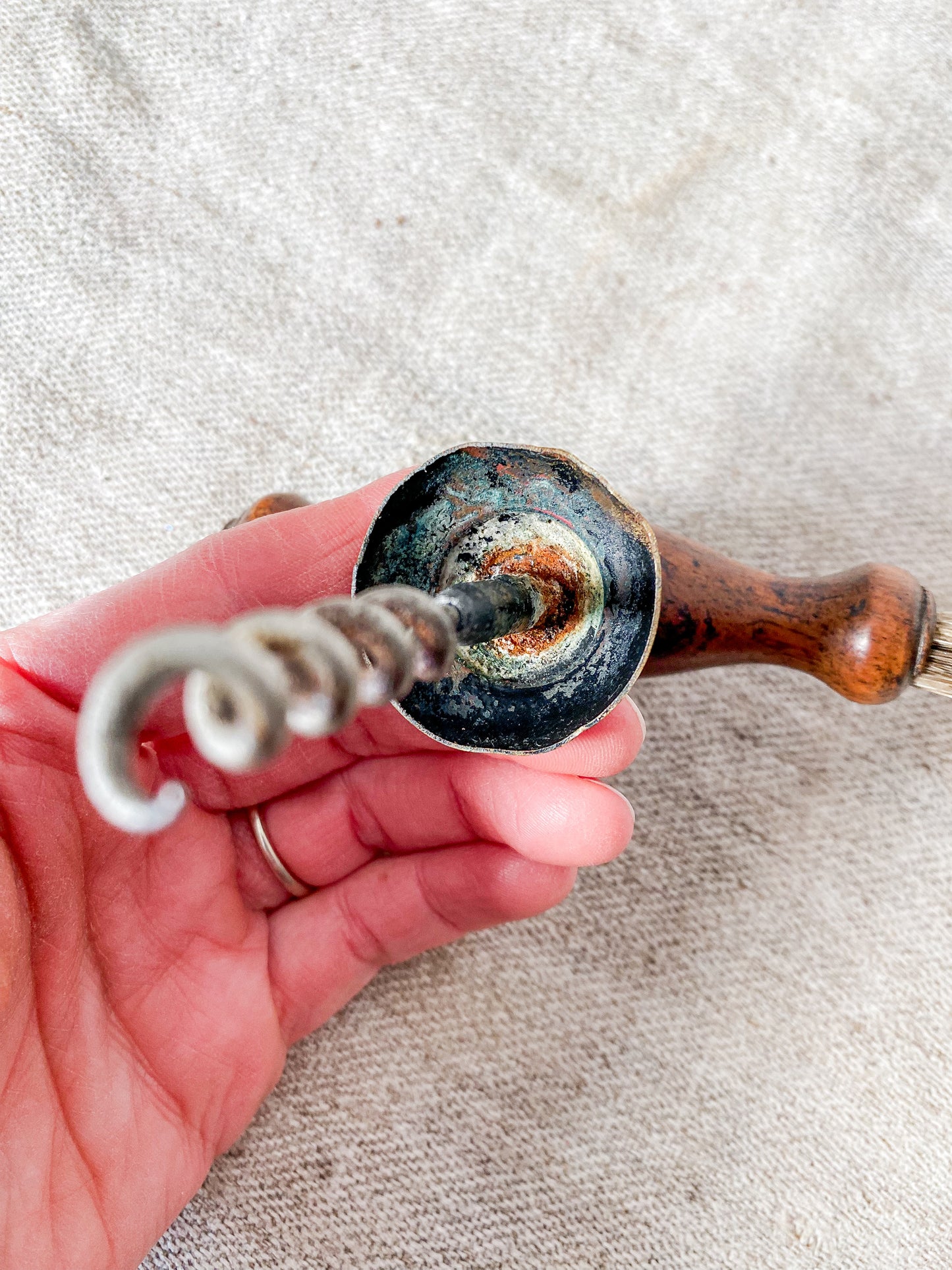 Antique turned oak and brass Victorian corkscrew with brush