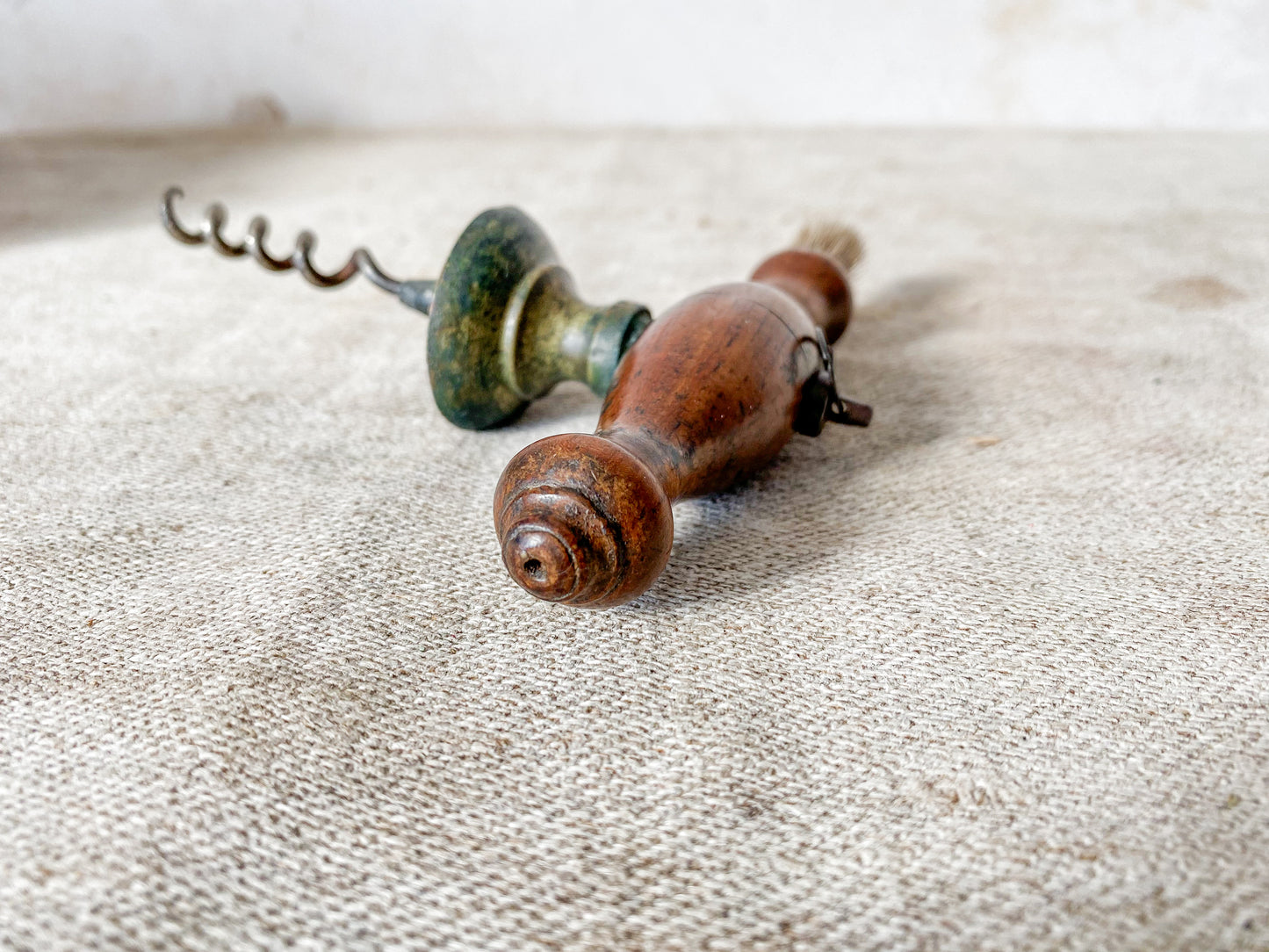 Antique turned oak and brass Victorian corkscrew with brush