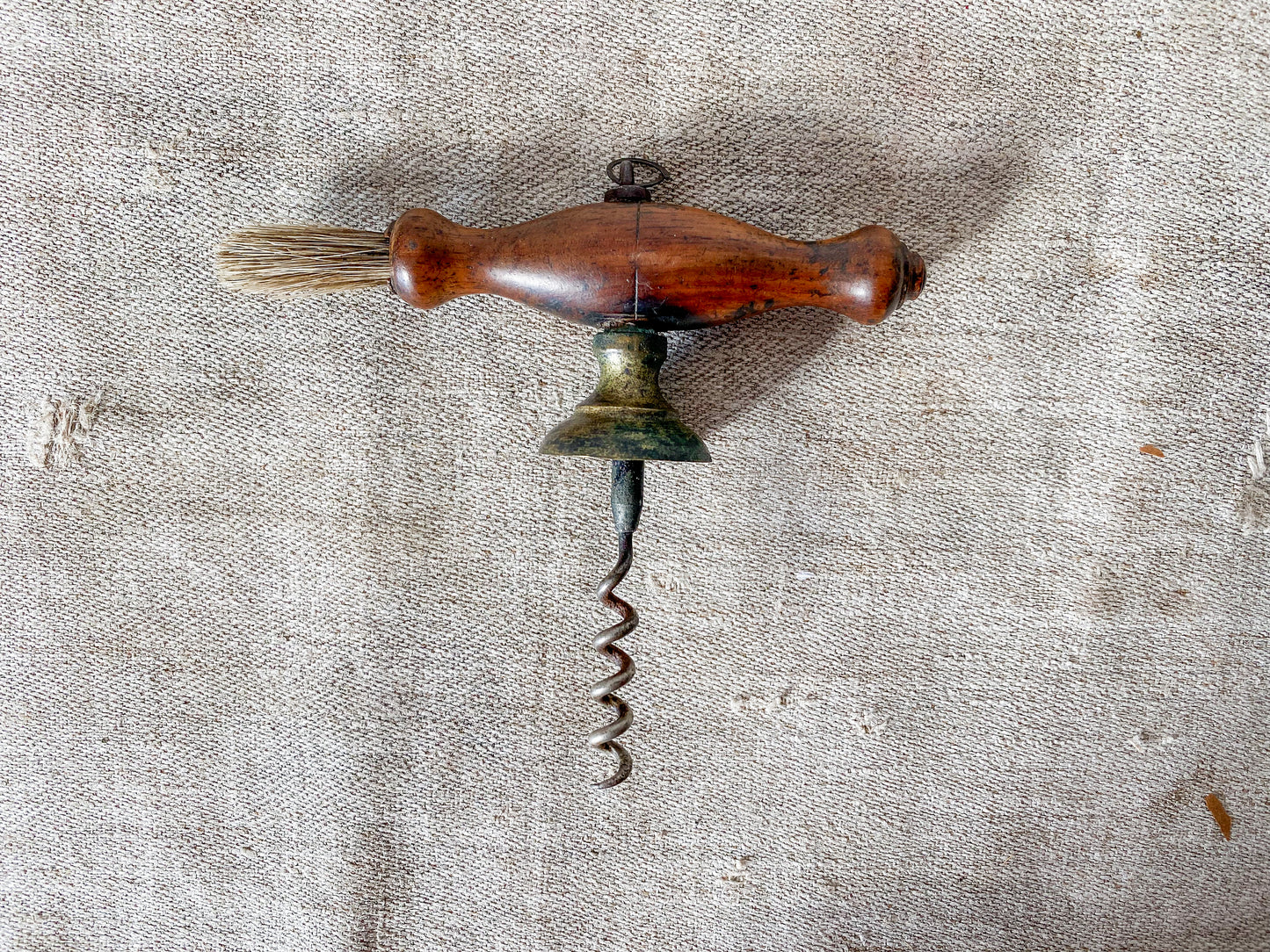 Antique turned oak and brass Victorian corkscrew with brush