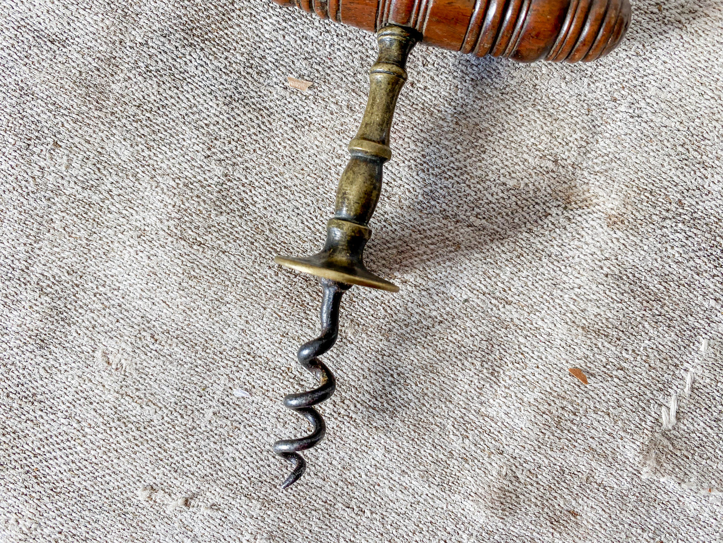 Antique Turned Oak and Brass Victorian Corkscrew