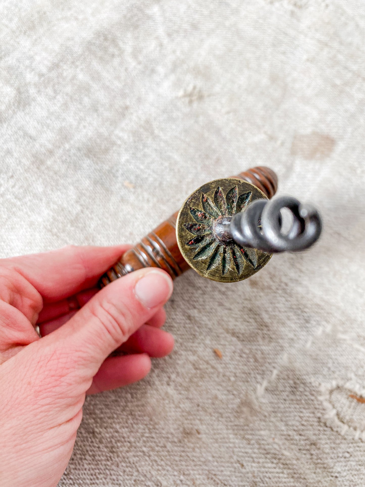 Antique Turned Oak and Brass Victorian Corkscrew